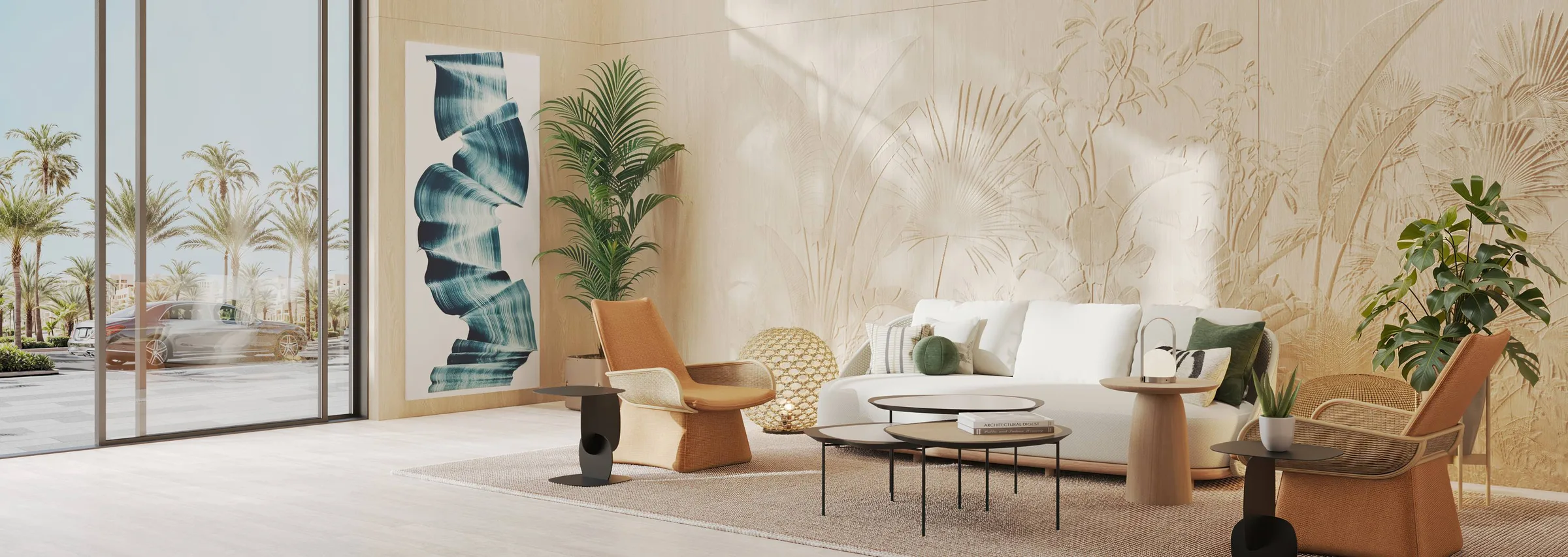 Лаунж в лобби Blue Beach Residence с видом на пальмы