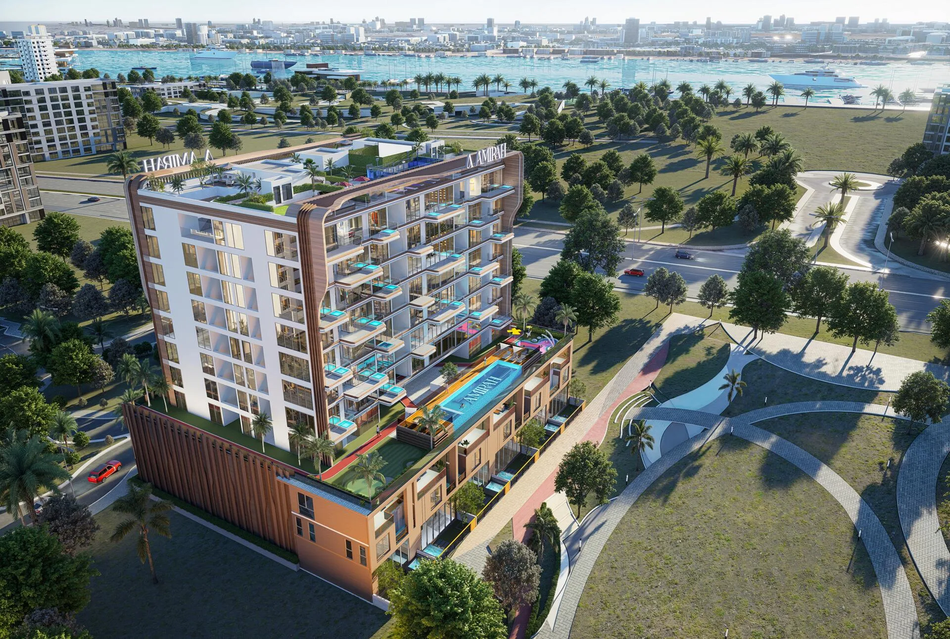 Дом Bonds Avenue с высоты: бассейн на террасе, парк и залив