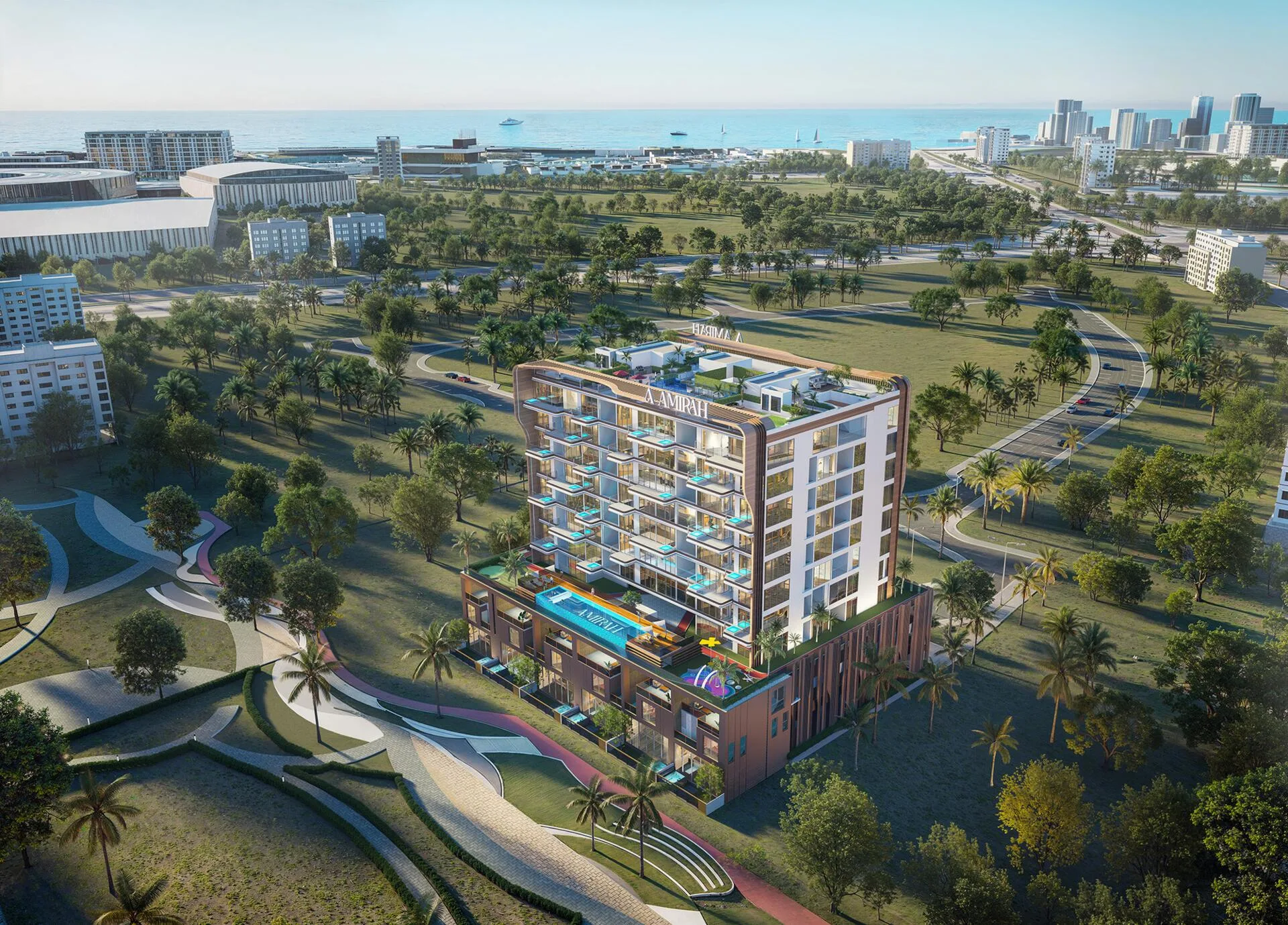 Bonds Avenue среди парков Dubai Islands, на горизонте море