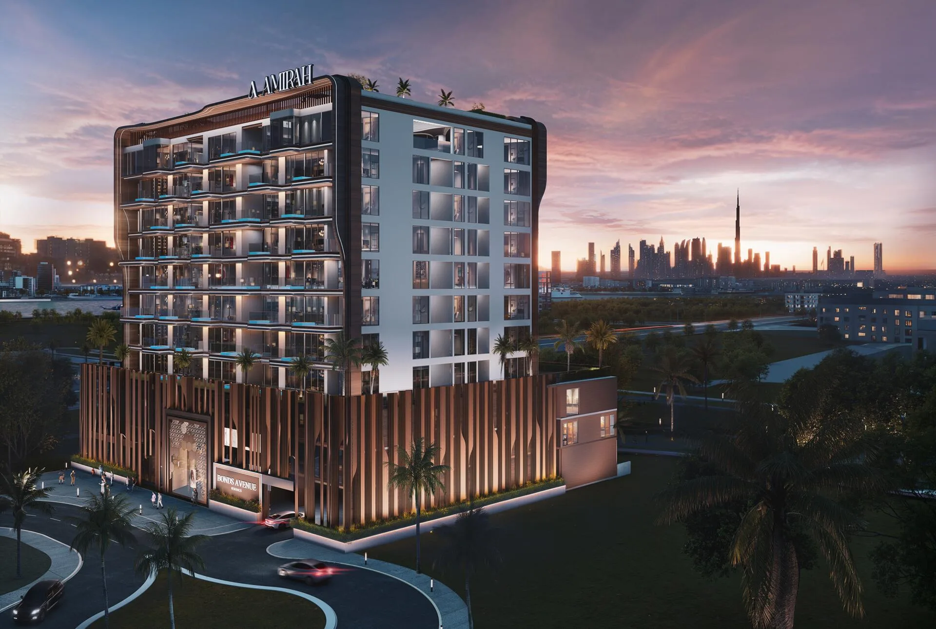 Фасад Bonds Avenue на закате на фоне Бурдж-Халифы