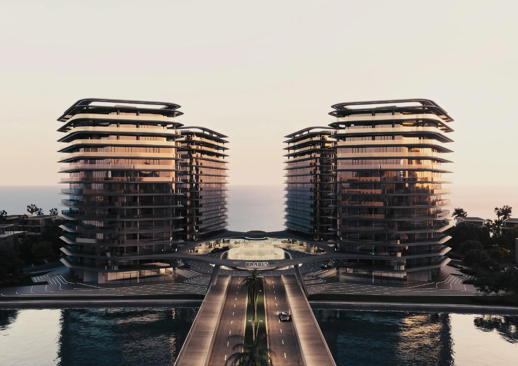 Две башни Brabus Island над водой в вечернем свете
