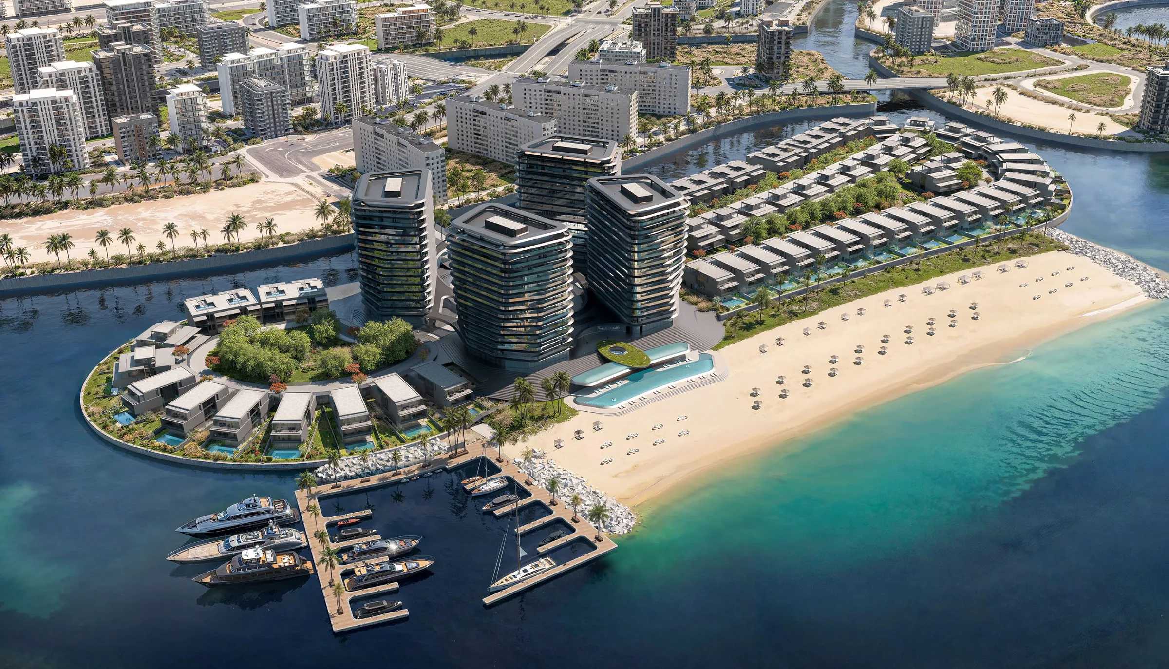 Причалы с яхтами, пляж и башни Brabus Island