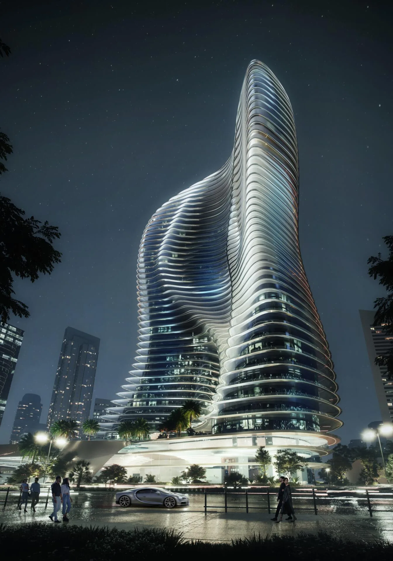 Башня и подиум Bugatti Residences ночью