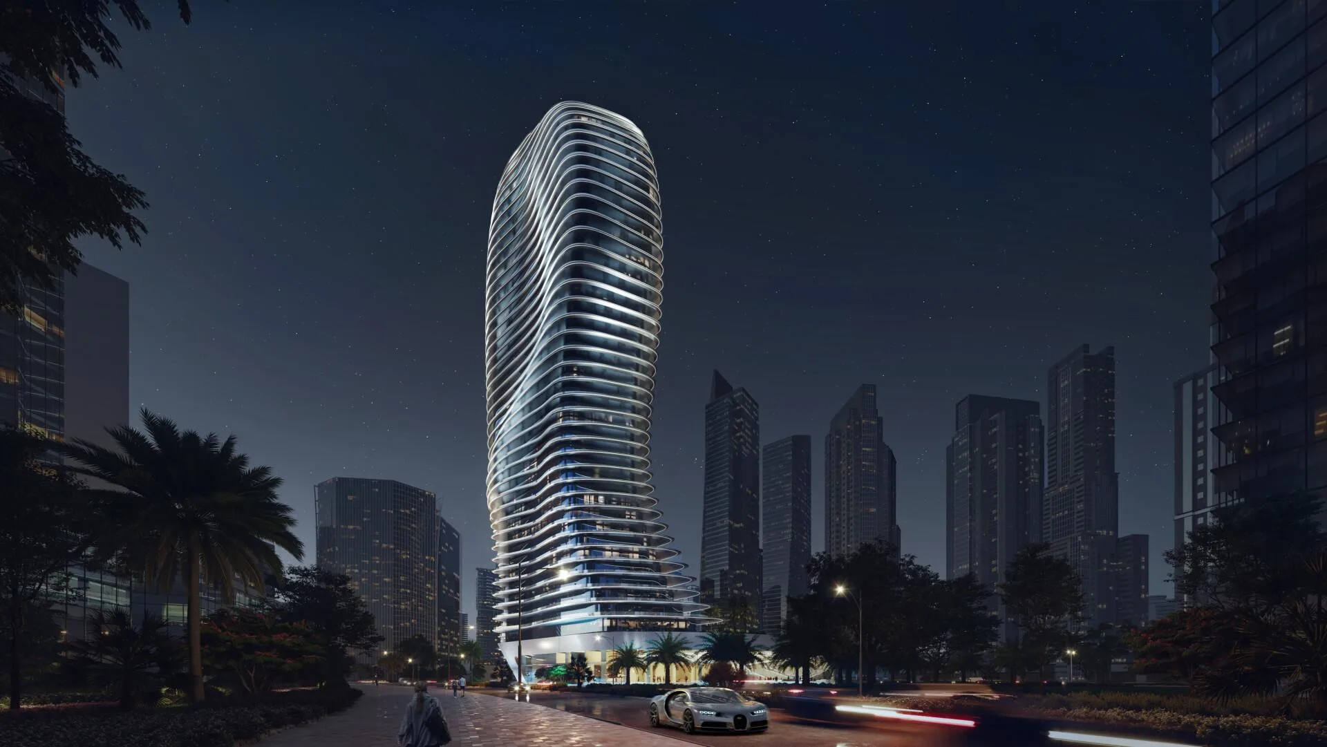 Bugatti Residences ночью среди башен Business Bay
