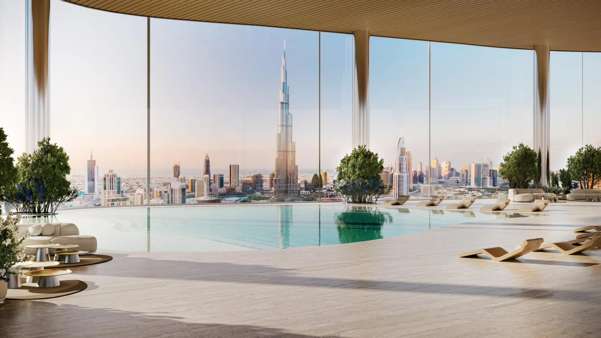 Бассейн с видом на Бурдж-Халифу в Bugatti Residences