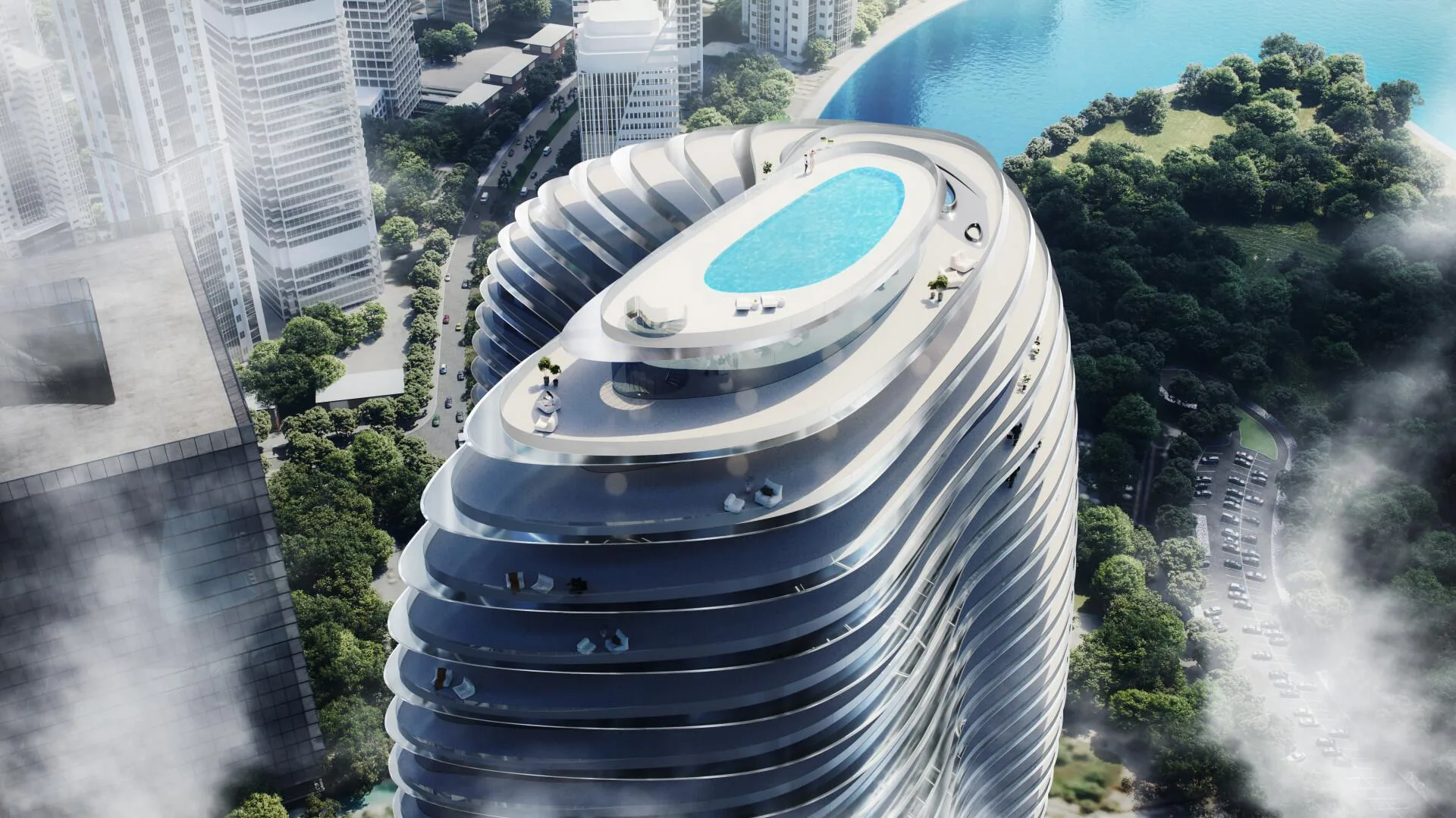 Крыша Bugatti Residences с бассейном, внизу зелень и вода