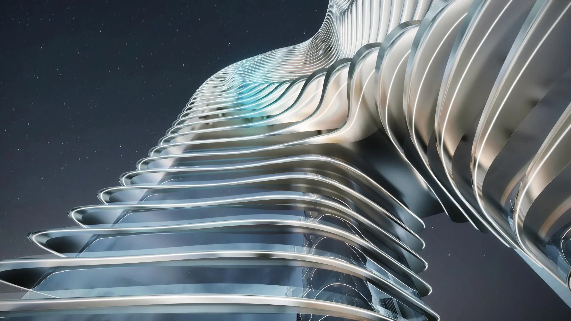Ленты балконов на фасаде Bugatti Residences ночью