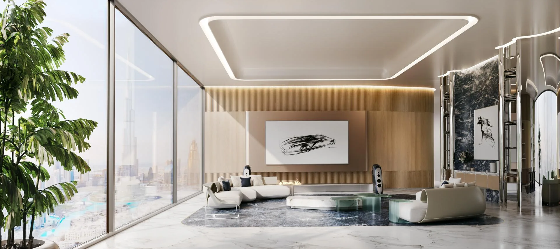Гостиная в Bugatti Residences: дерево, мрамор и вид на город
