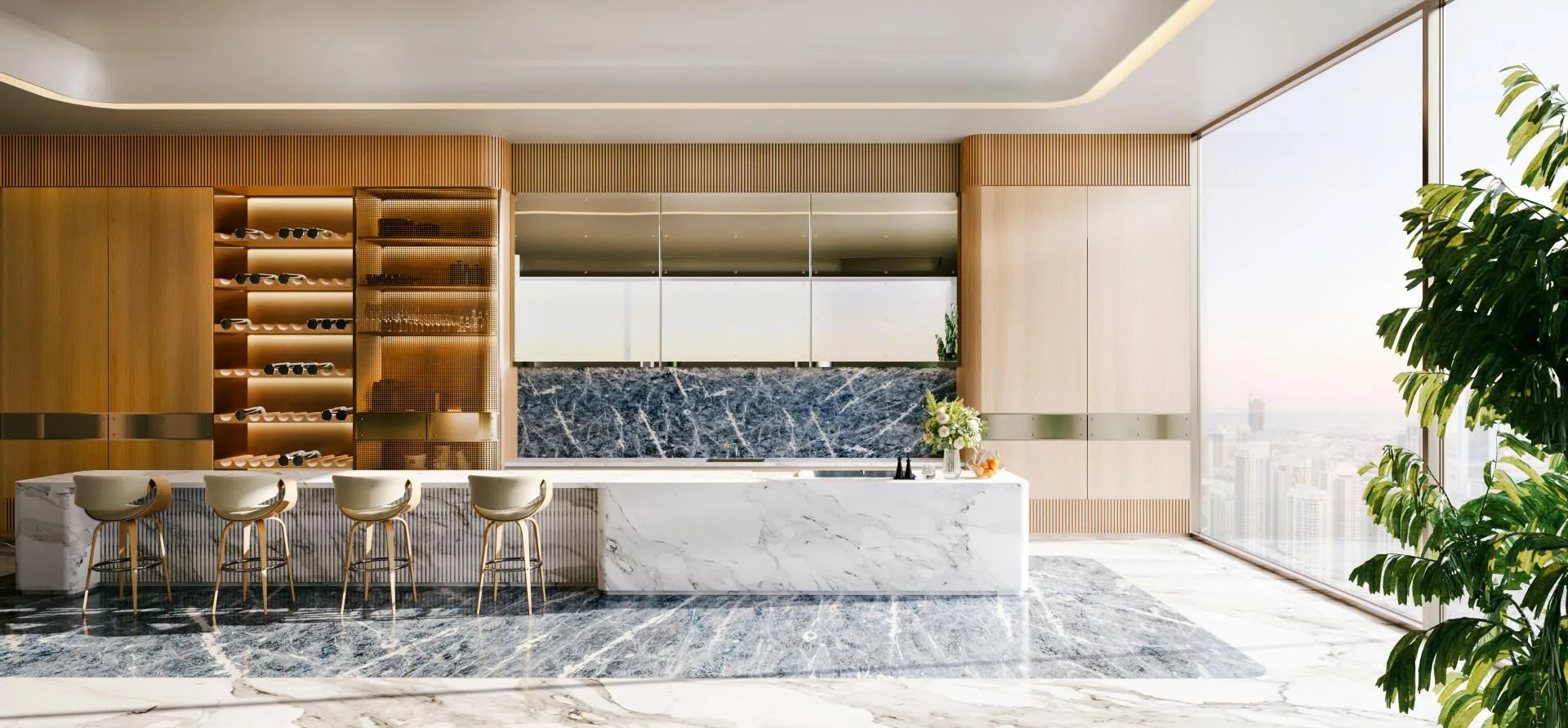 Кухня с островом из мрамора в Bugatti Residences