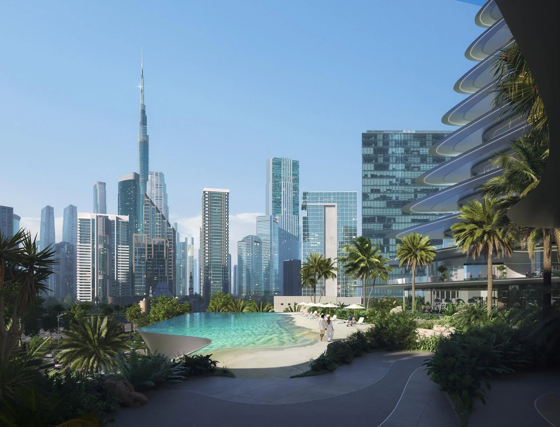 Сад и пляж Bugatti Residences с видом на Бурдж-Халифу