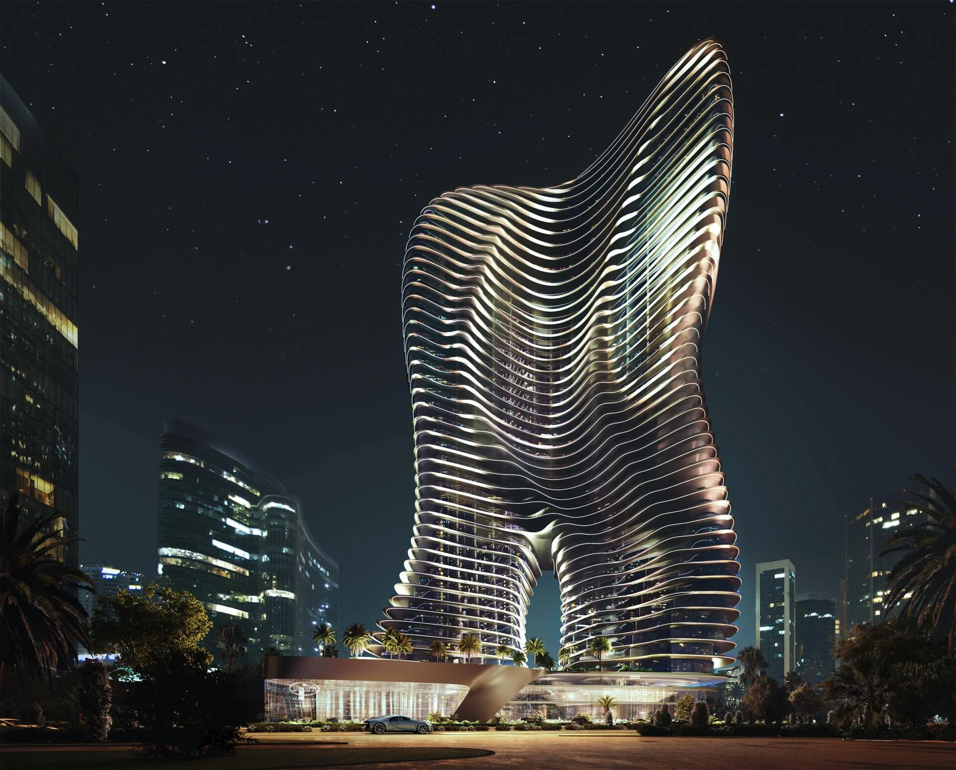 Силуэт Bugatti Residences ночью