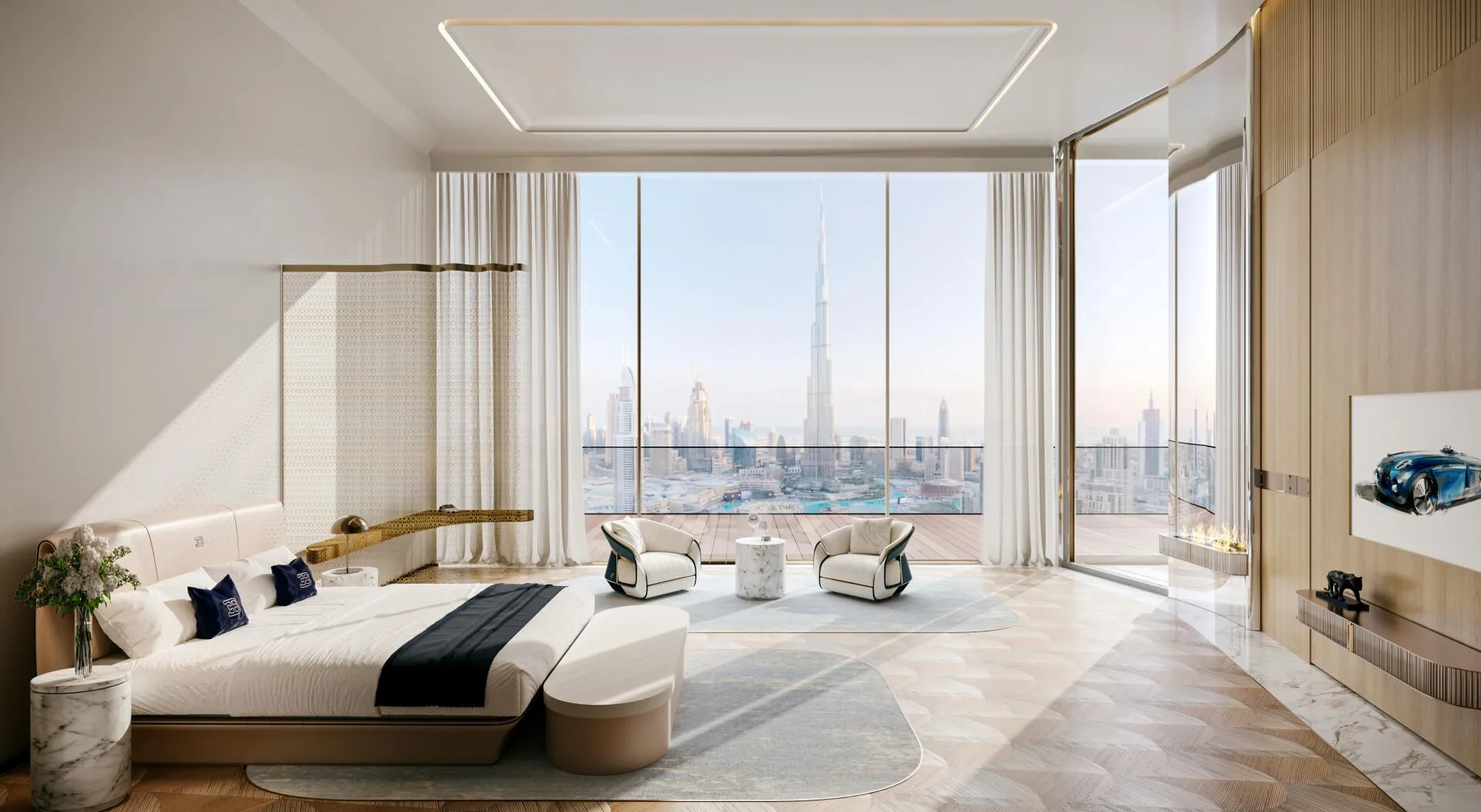 Спальня в Bugatti Residences с видом на Бурдж-Халифу
