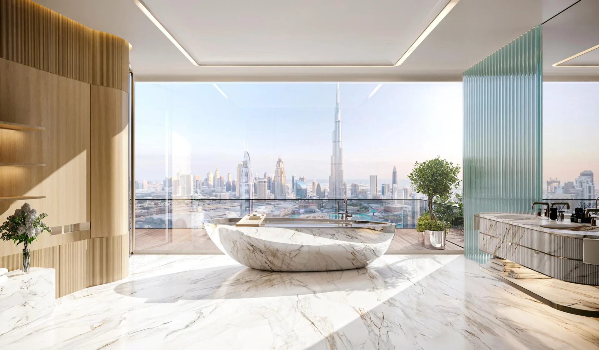 Ванная с каменной ванной у окна в Bugatti Residences