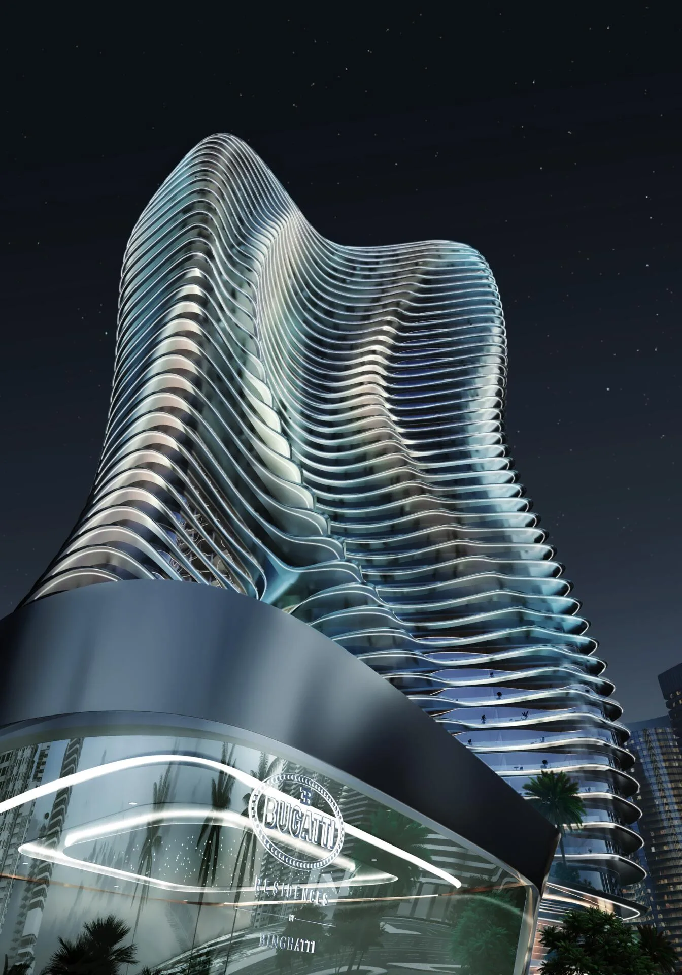 Верх башни Bugatti Residences и подиум со знаком Bugatti