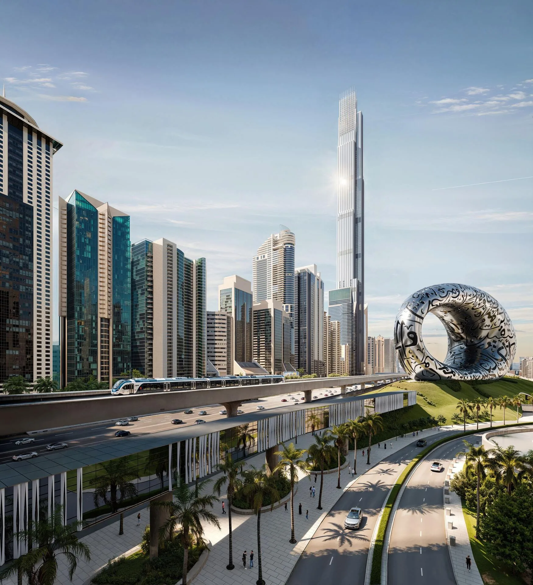 Burj Azizi над Sheikh Zayed Road рядом с Музеем будущего