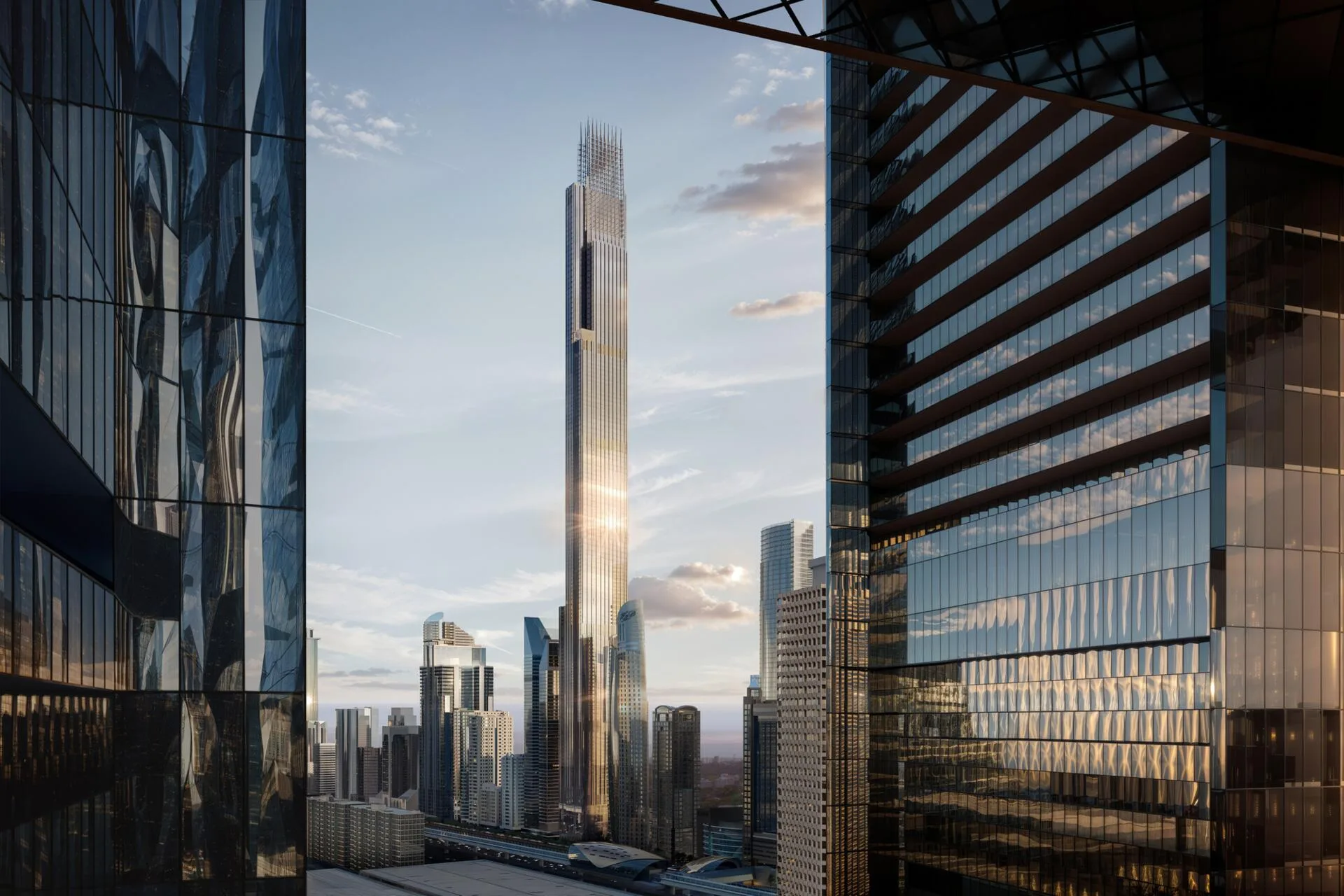 Burj Azizi среди стеклянных башен делового центра