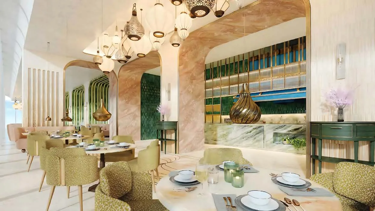 Кафе All Day Dining в Burj Azizi: арки, фонари и зелёная плитка