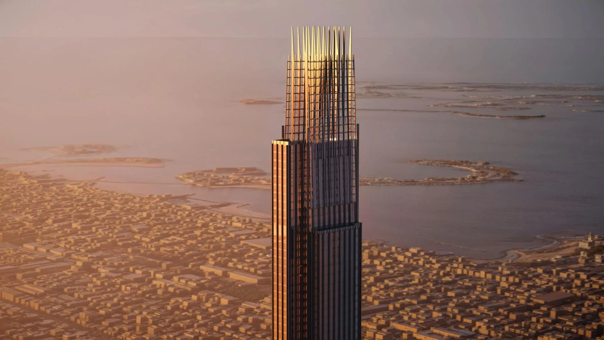 Верх башни Burj Azizi на фоне моря и островов Дубая