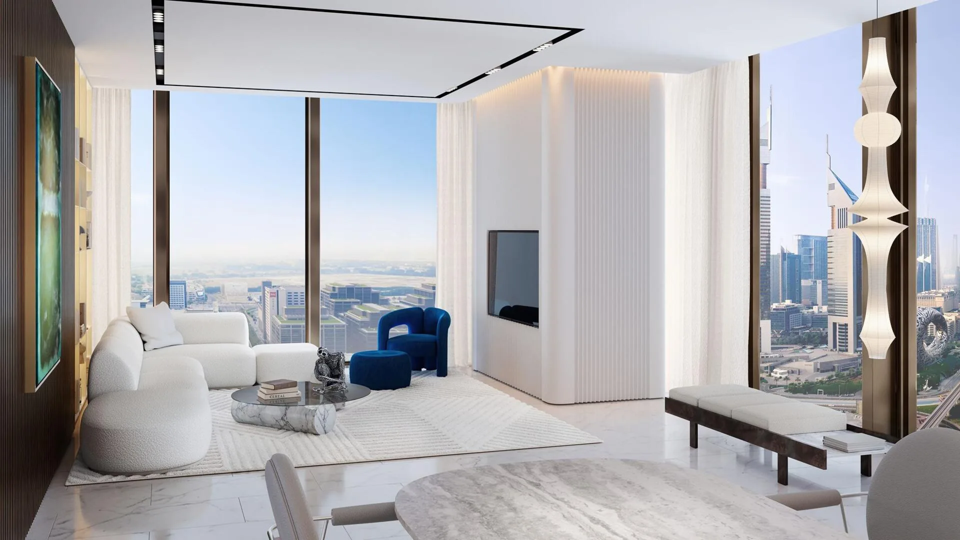 Гостиная квартиры в Burj Azizi с видом на башни Sheikh Zayed Road