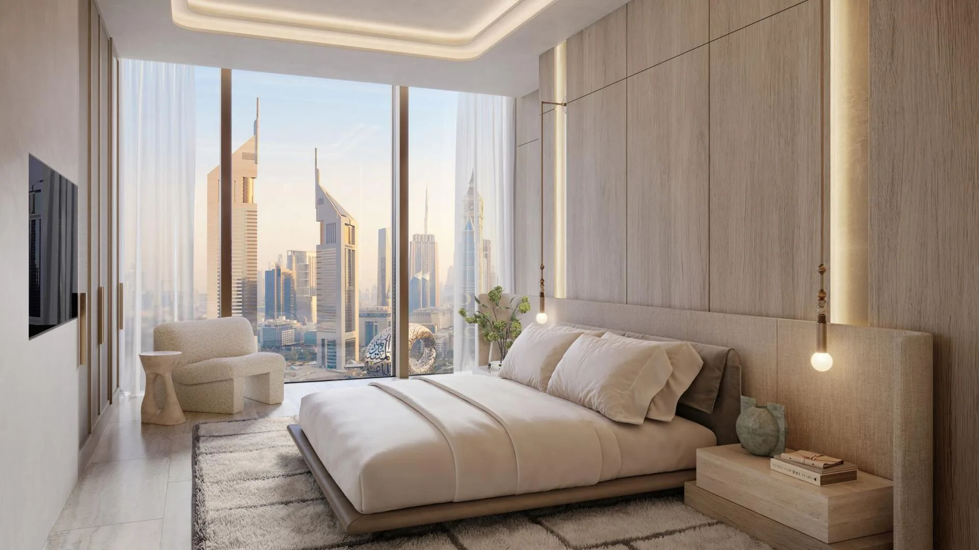 Спальня в квартире Burj Azizi с видом на город