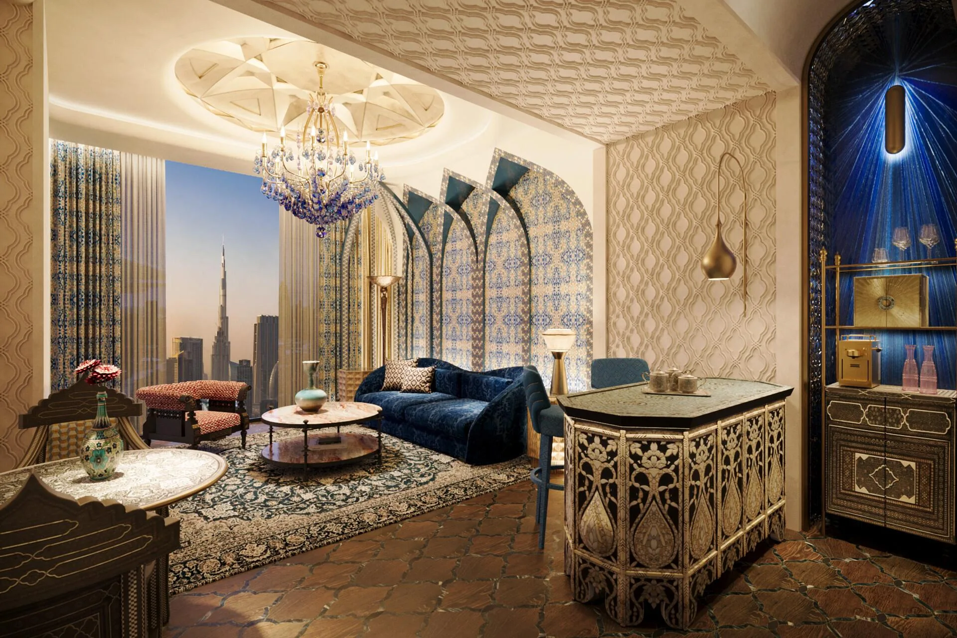 Гостиная марокканского люкса в отеле Burj Azizi