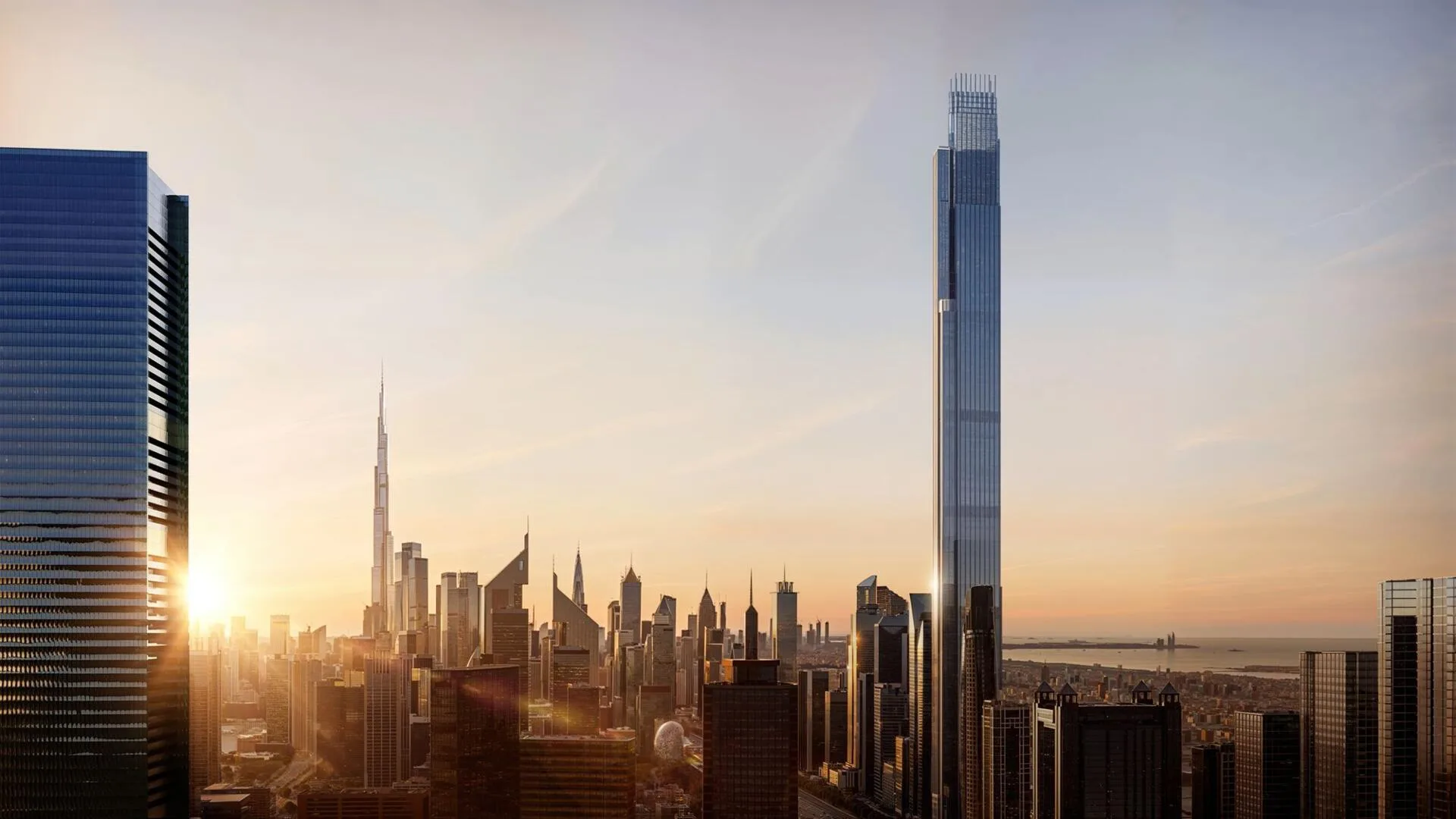 Burj Azizi на закате над деловым центром Дубая