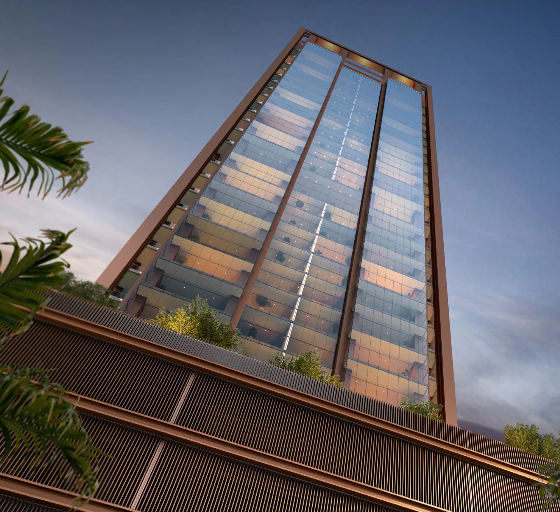 Стеклянная башня Burj Capital в бронзовой раме, вид снизу