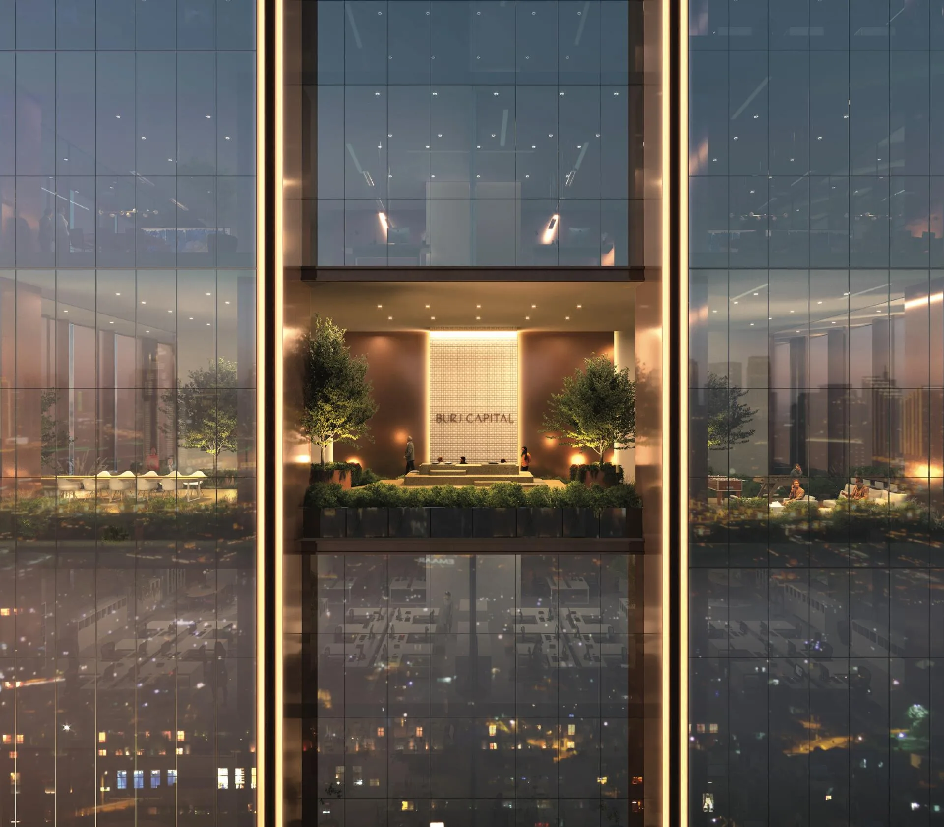 Сад внутри стеклянного фасада Burj Capital вечером