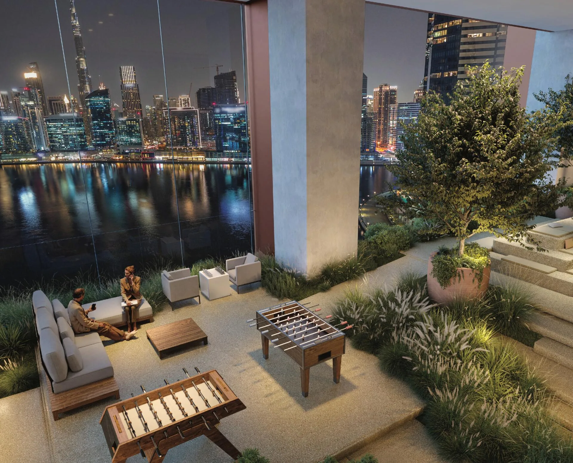 Сад Canal Sky Garden с видом на канал и Бурдж-Халифа ночью
