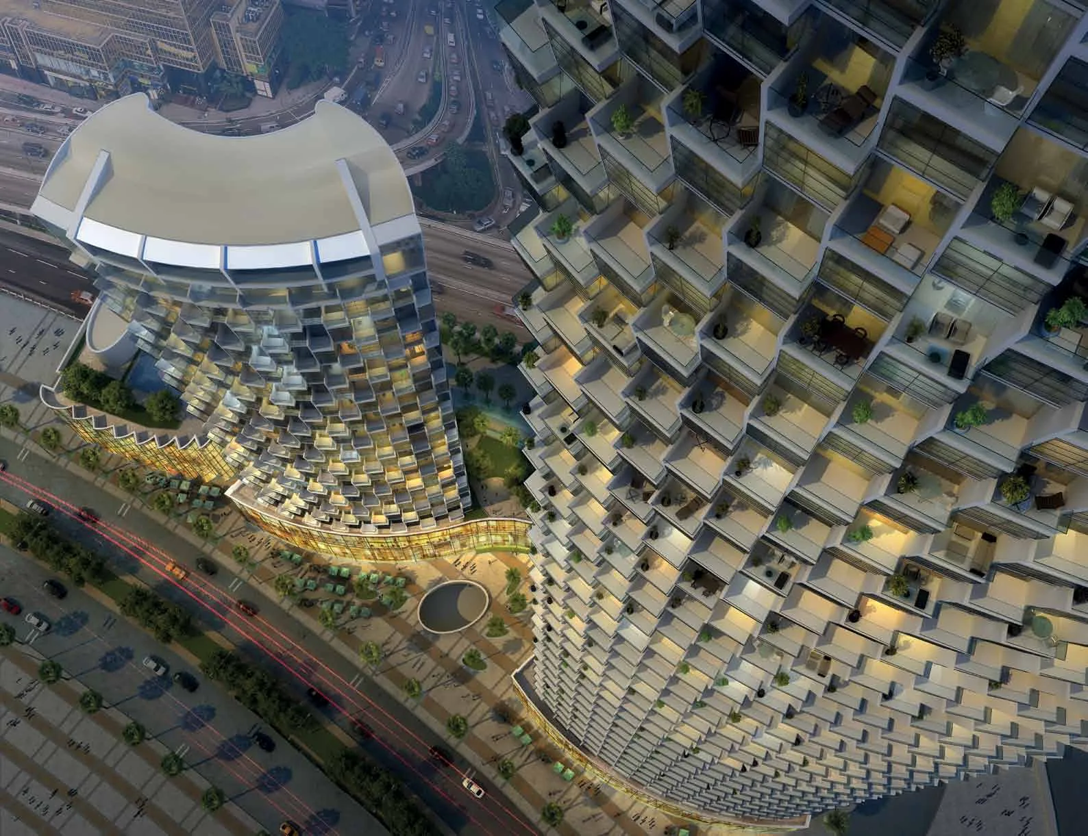 Две башни Burj Vista с высоты: сотовый фасад и подиум у бульвара