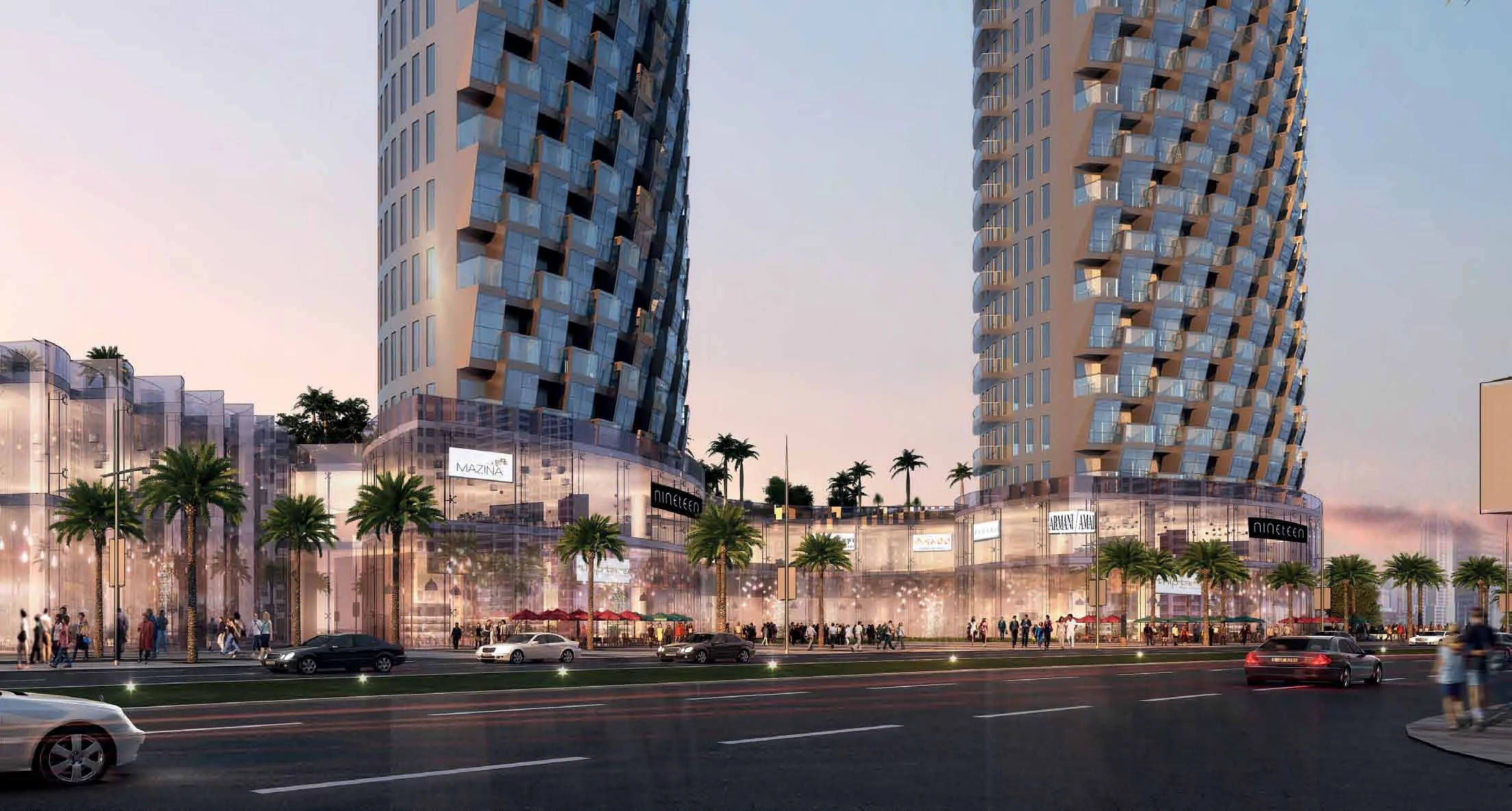 Подиум Burj Vista вечером: витрины и пальмы на бульваре