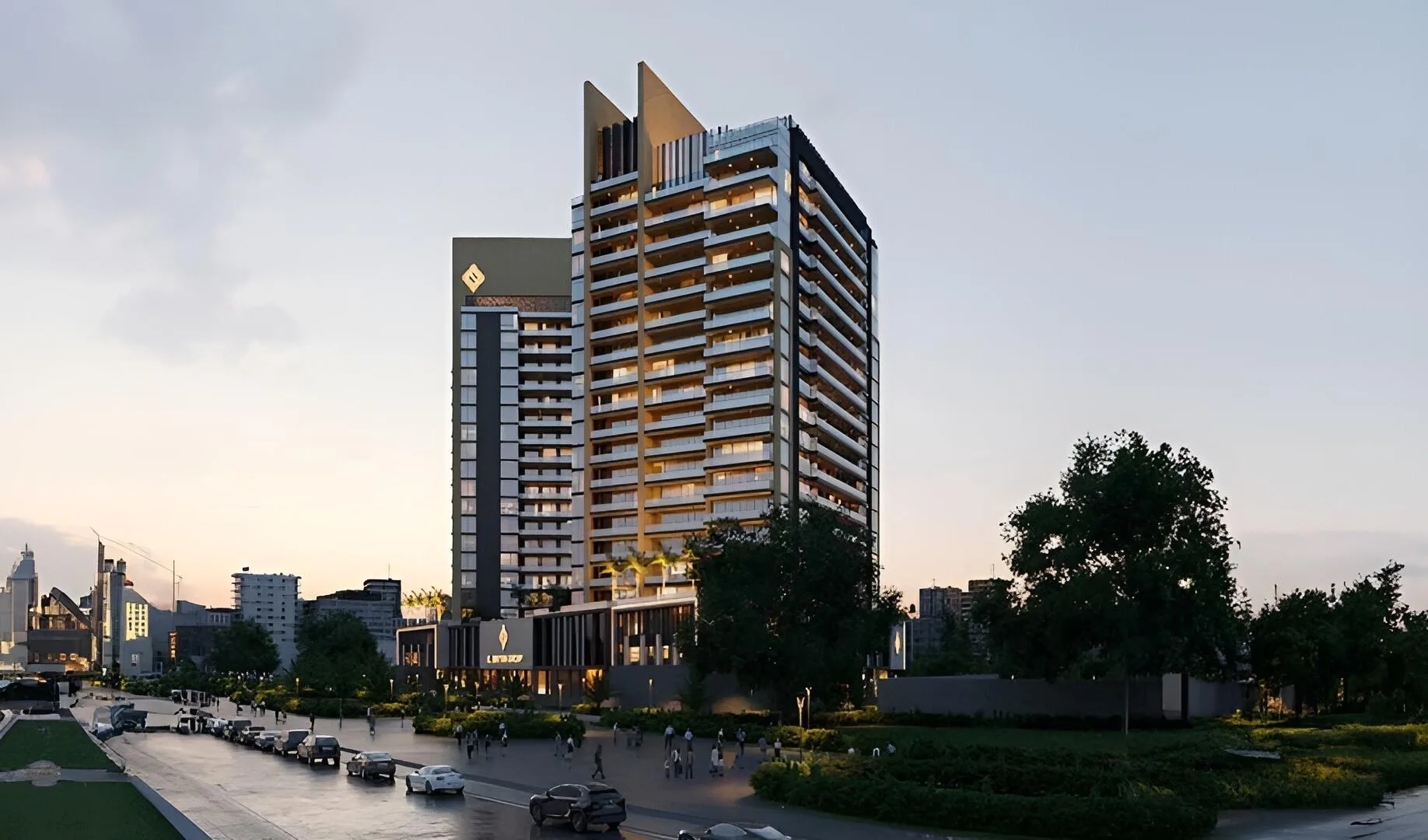 Butterfly Towers на закате: башня над зелёной улицей Арджана