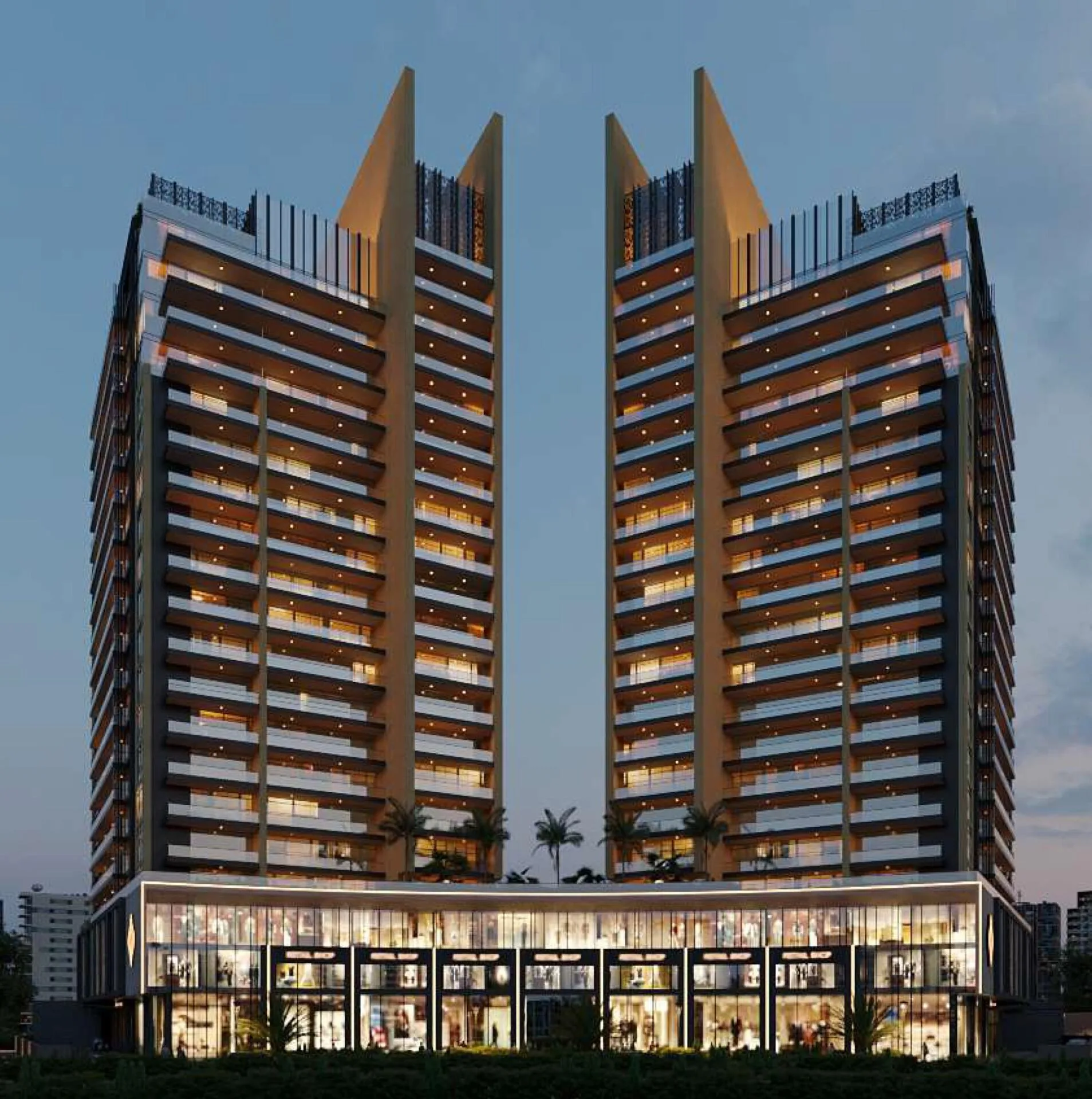 Башни Butterfly Towers и общий подиум с витринами