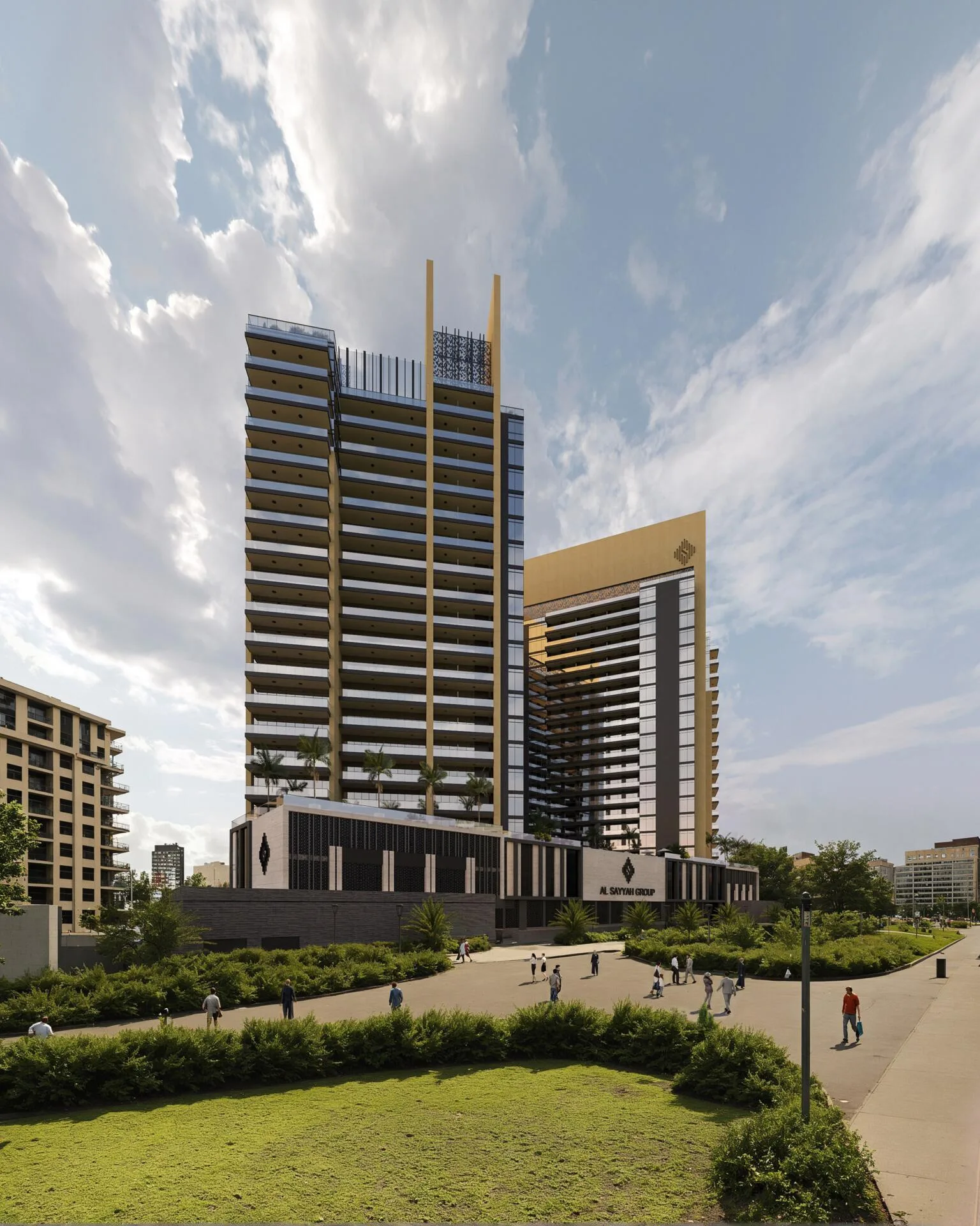 Butterfly Towers за газоном и пешеходными дорожками