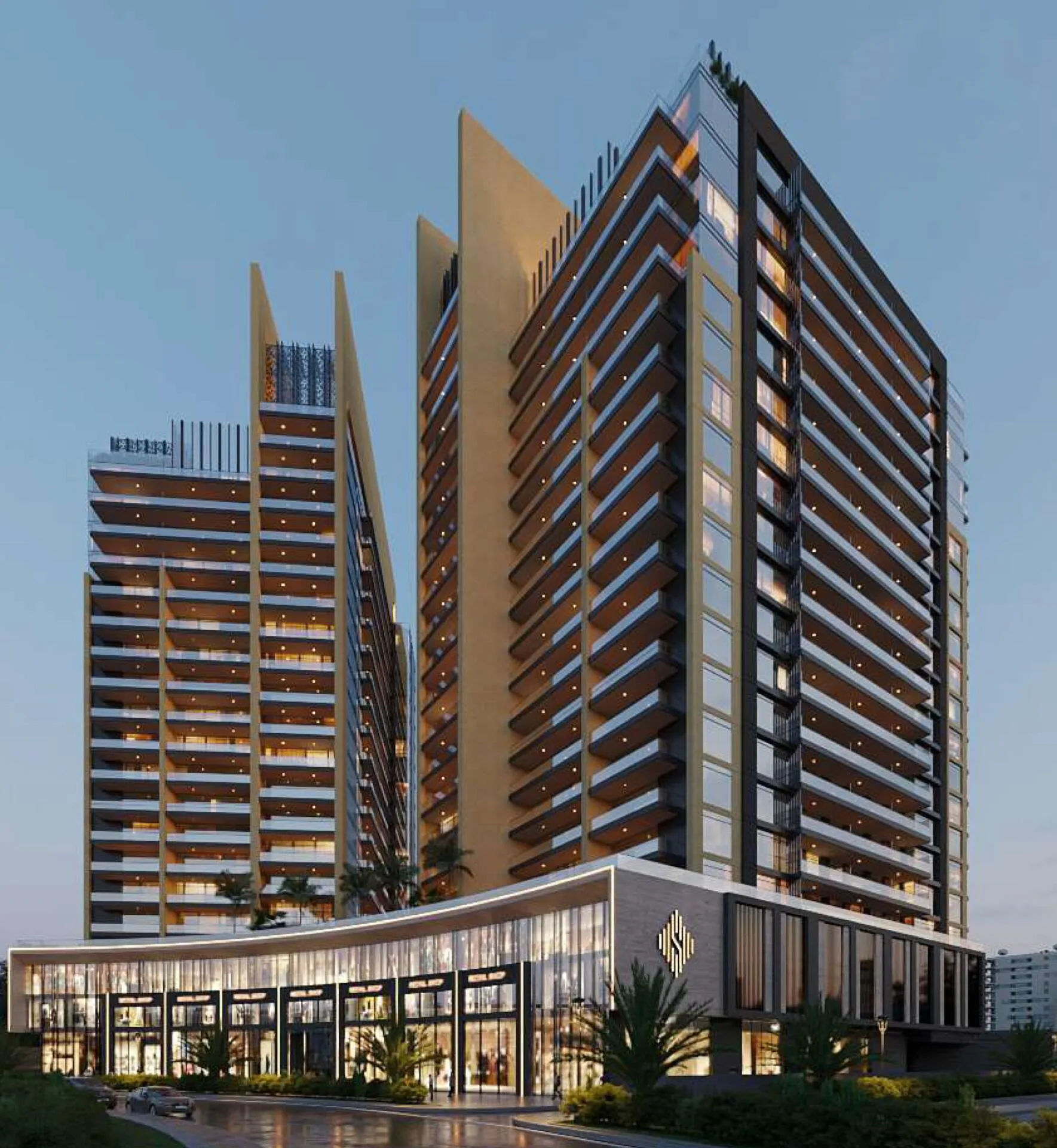 Butterfly Towers с угла улицы вечером