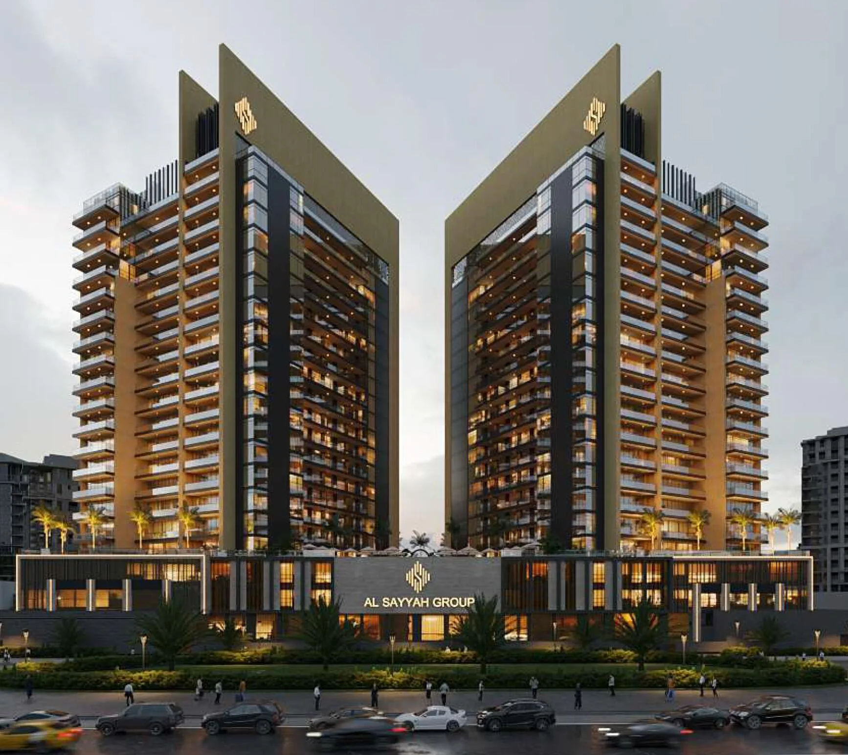 Две башни Butterfly Towers вечером над улицей