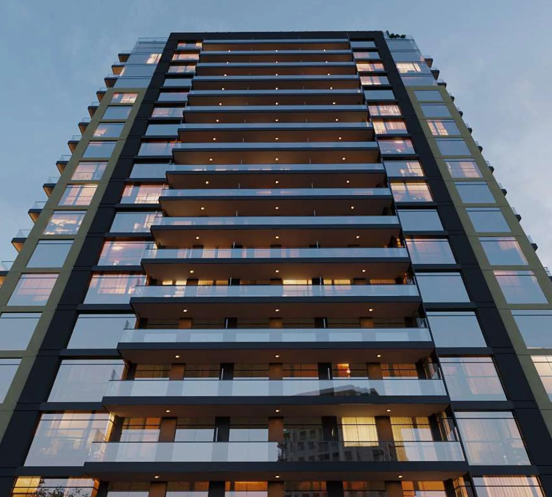 Фасад Butterfly Towers с балконами, вид снизу