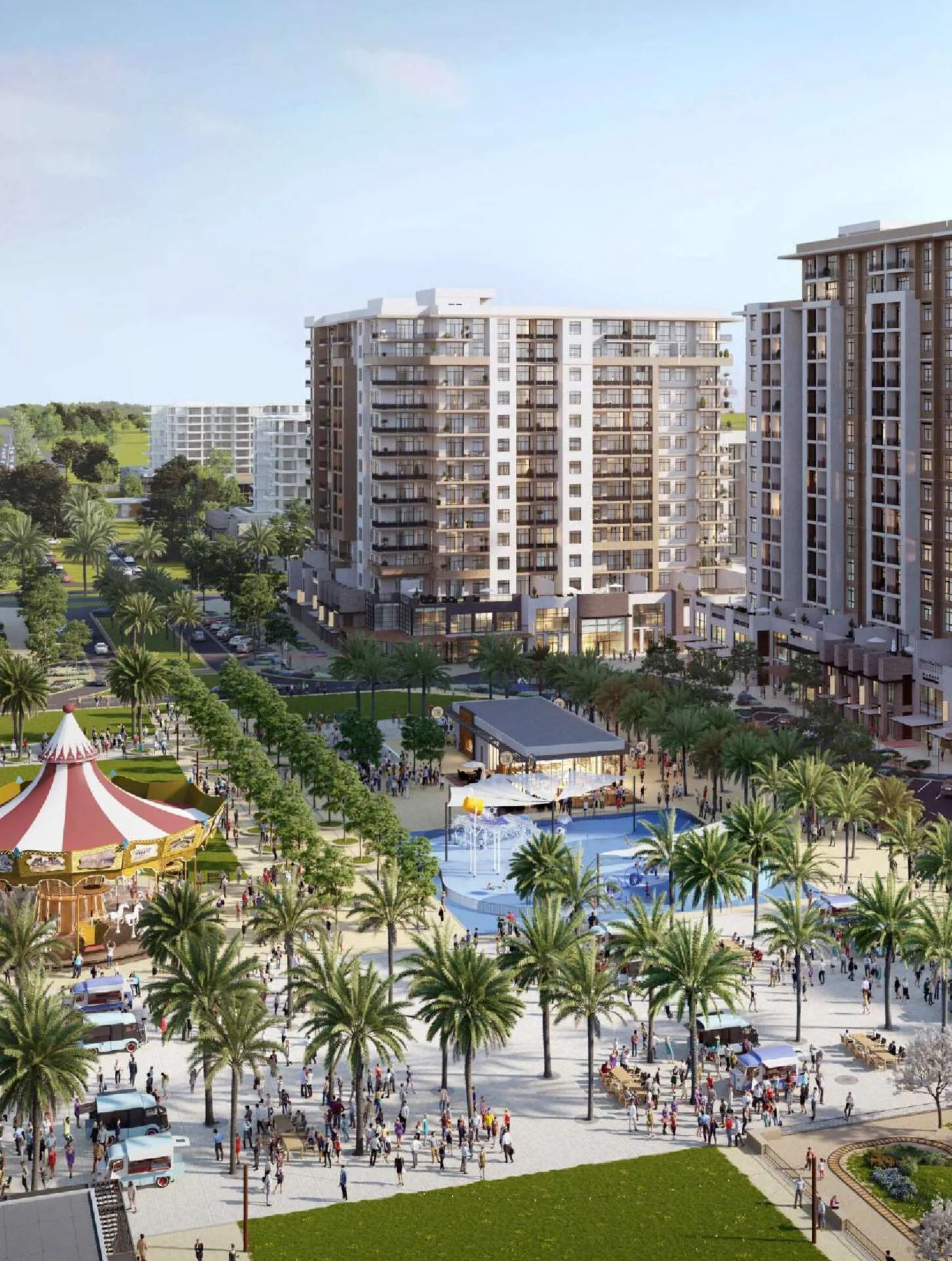Парк Town Square сверху: карусель, площадка с фонтанами, пальмы и дома квартала