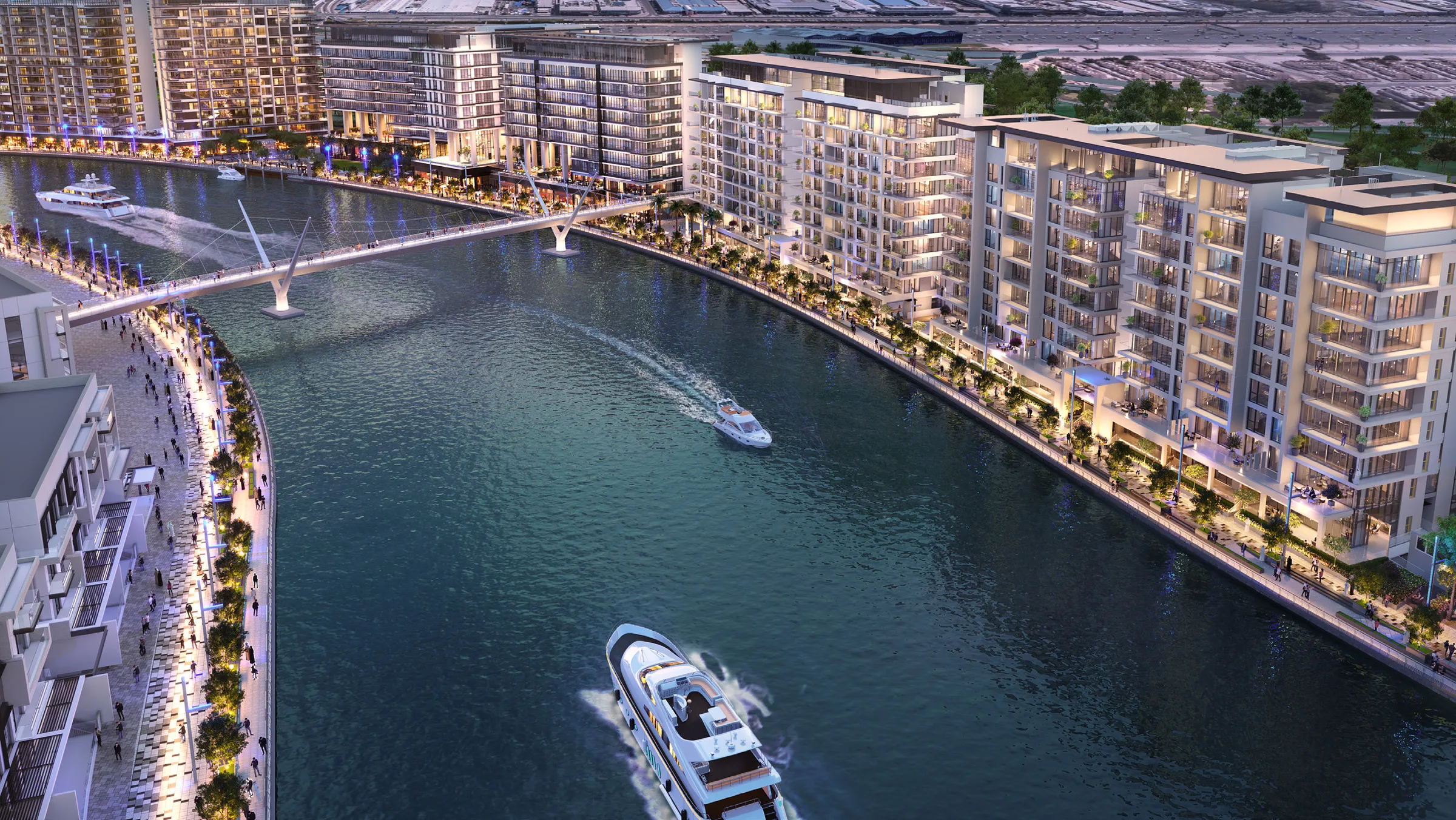 Дома Canal Front Residences вдоль изгиба канала с высоты
