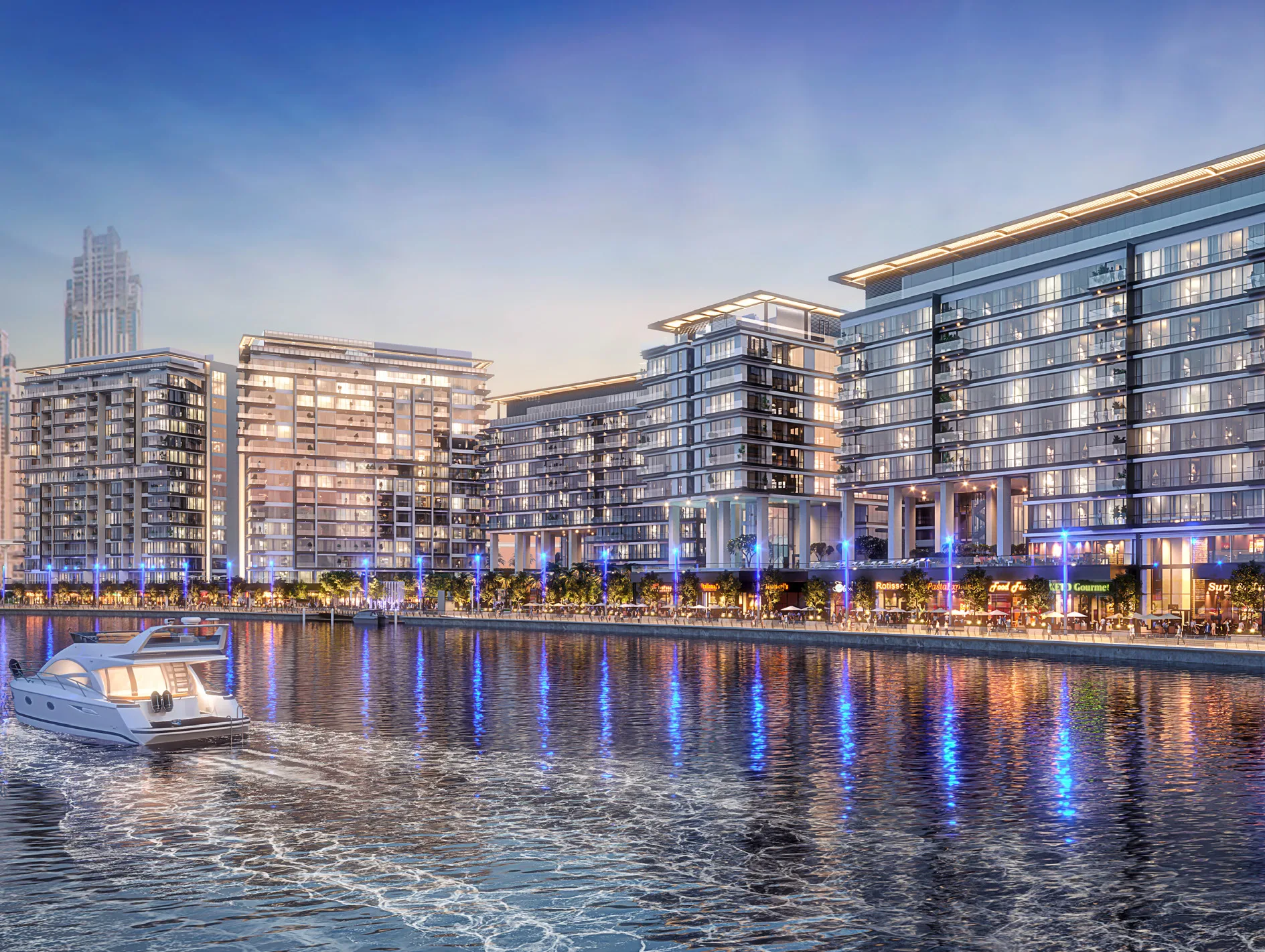 Променад вдоль домов Canal Front Residences вечером