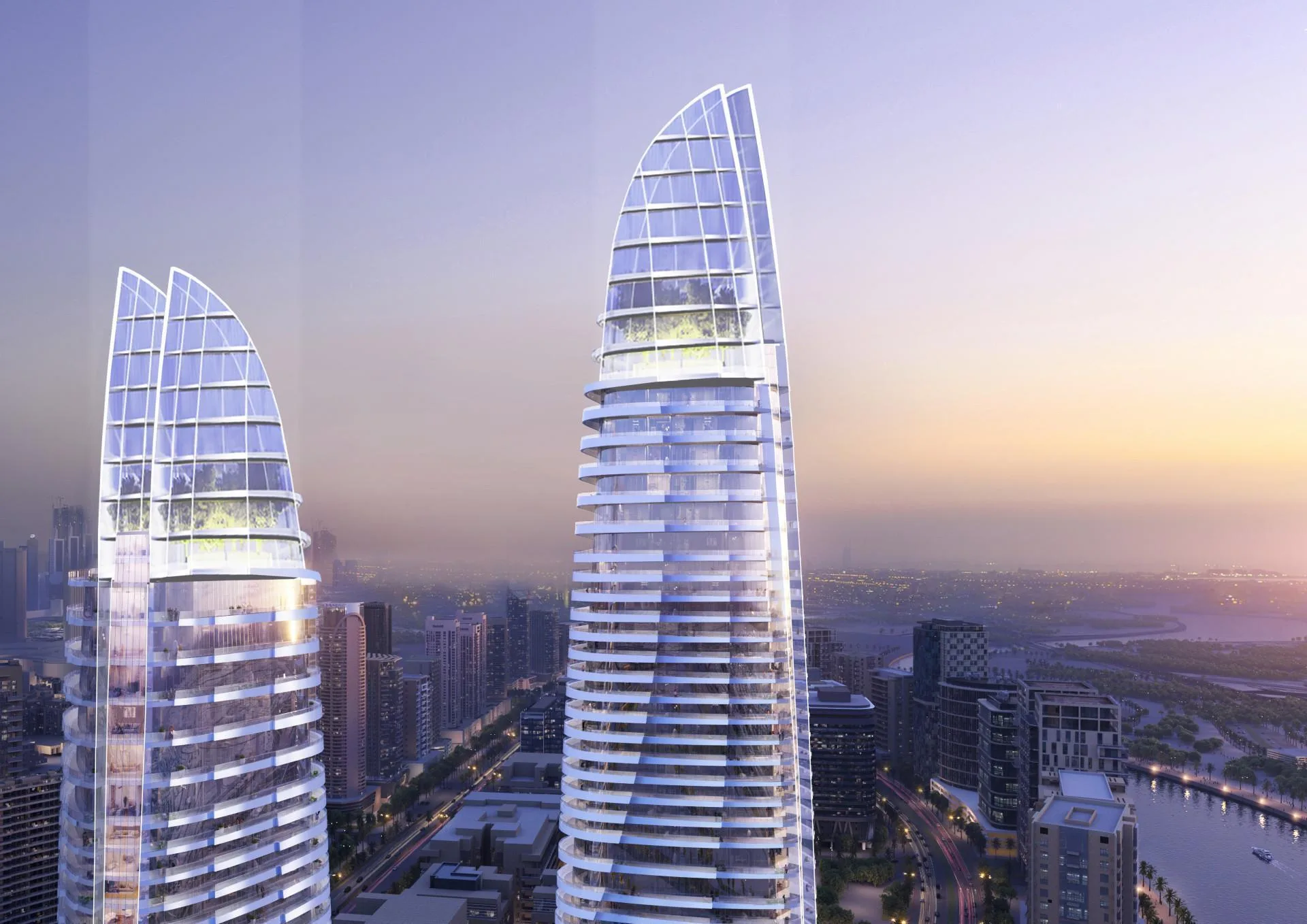 Стеклянные вершины Canal Heights на закате над Business Bay