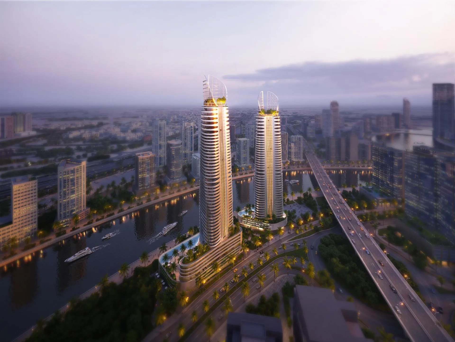 Canal Heights и изгиб Dubai Canal с высоты на закате