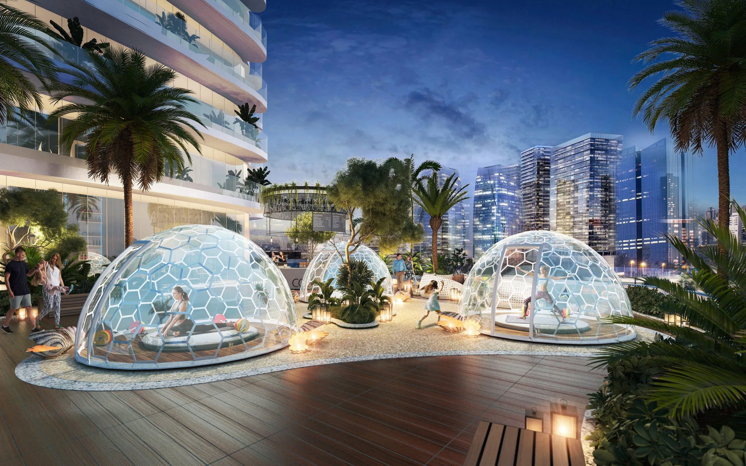Прозрачные купола для йоги на террасе Canal Heights вечером