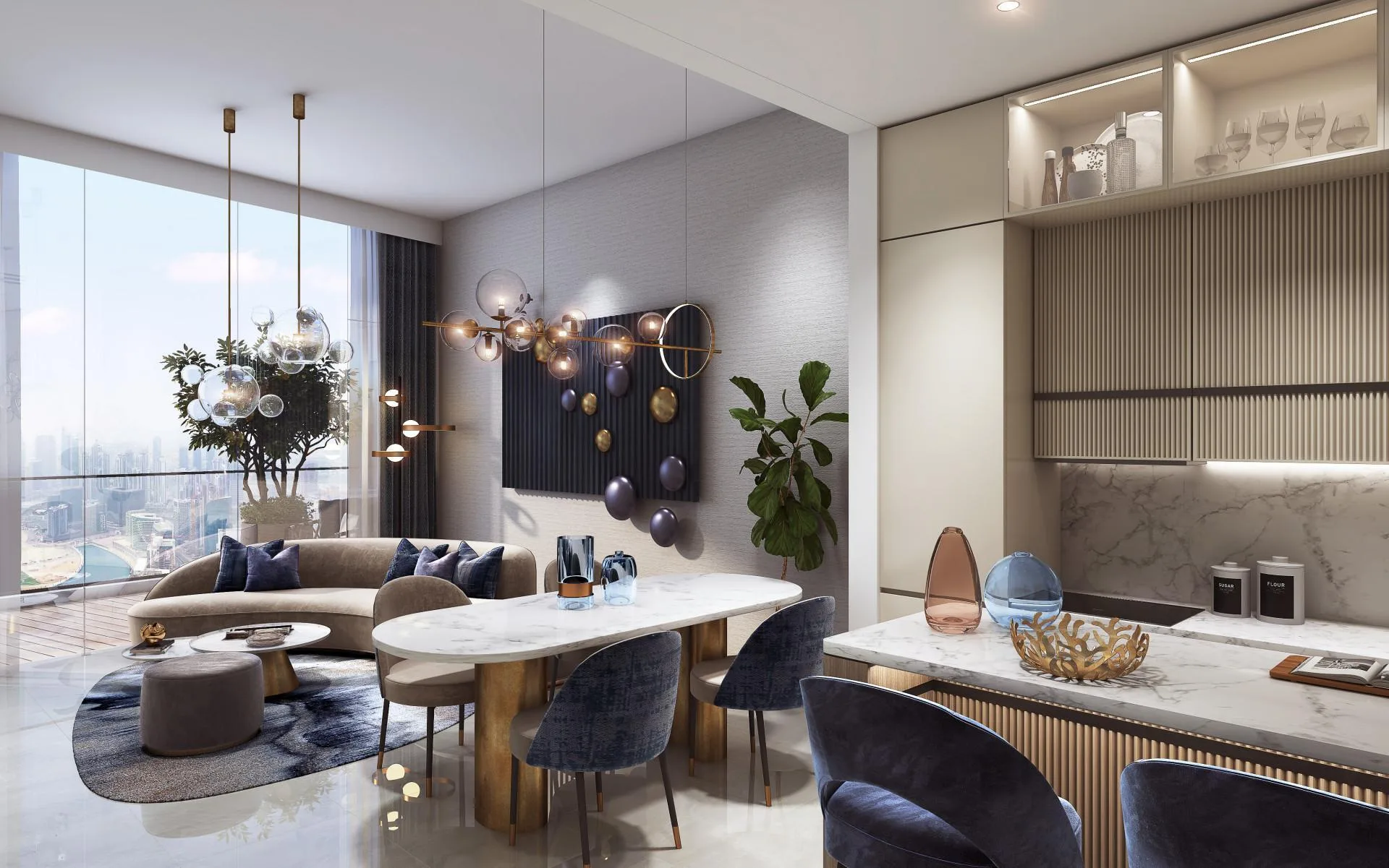 Гостиная с кухней и обеденным столом в квартире Canal Heights