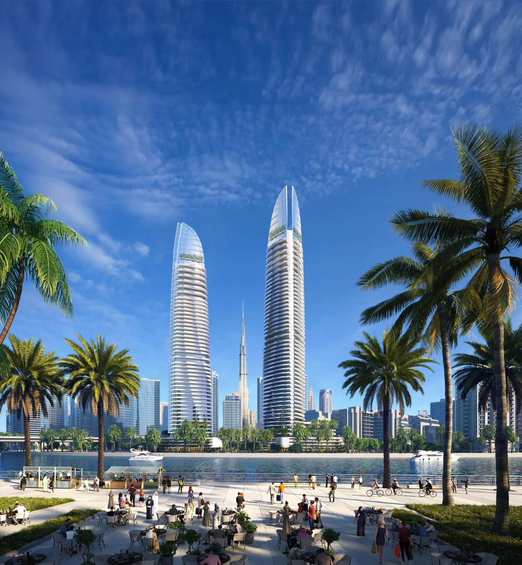 Набережная Dubai Canal с кафе и видом на Canal Heights