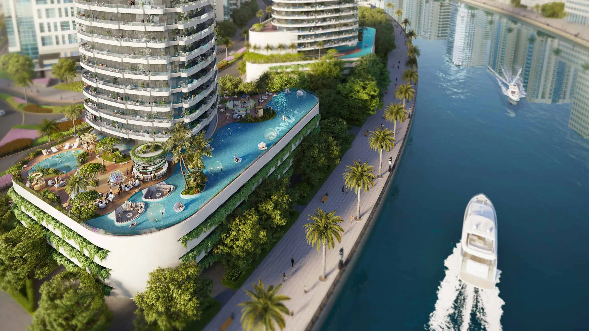 Подиум Canal Heights с бассейнами и садом над набережной Dubai Canal