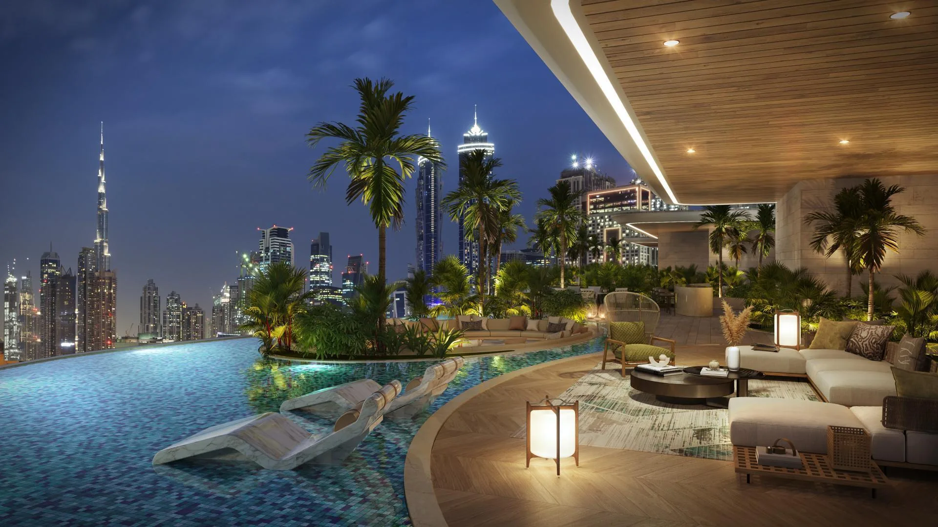 Бассейн Sky Palace ночью, вдали Burj Khalifa