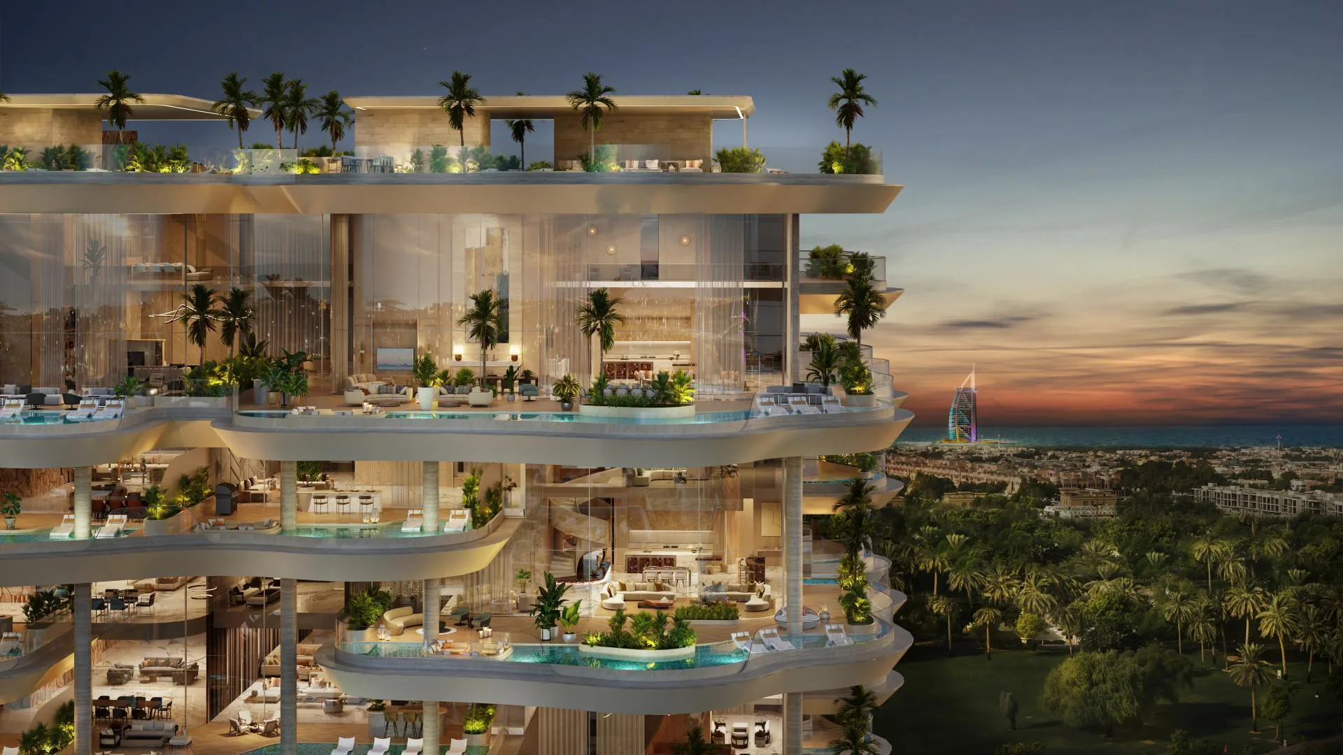 Террасы Casa Canal на закате, вдали Burj Al Arab и море