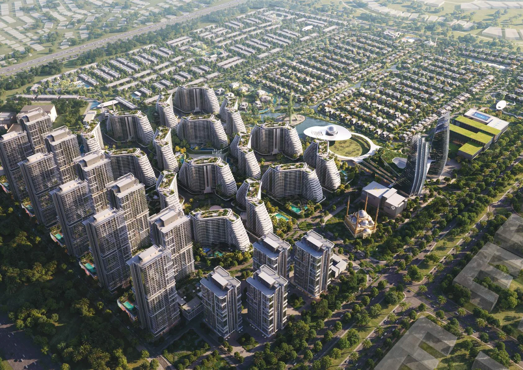 Квартал Waada сверху: башни, виллы и зелень Dubai South