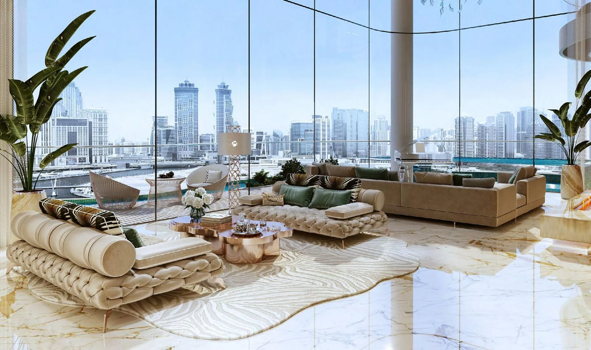 Гостиная Cavalli Couture с панорамным окном на канал и Business Bay